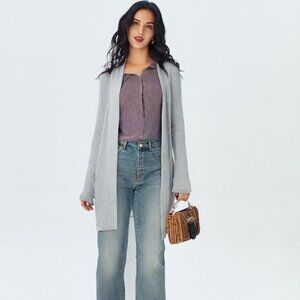 Design Labs Lord & Taylor Knit Long Duster Cardigan Sweater Grey Zipper Sleeve
